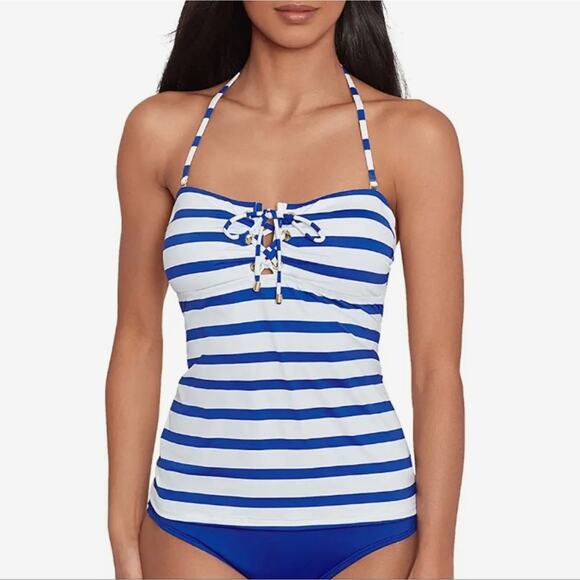 NWT Ralph Lauren Port Black White Stripe Lace Front Tankini Tankini Swim Top - Picture 2 of 10